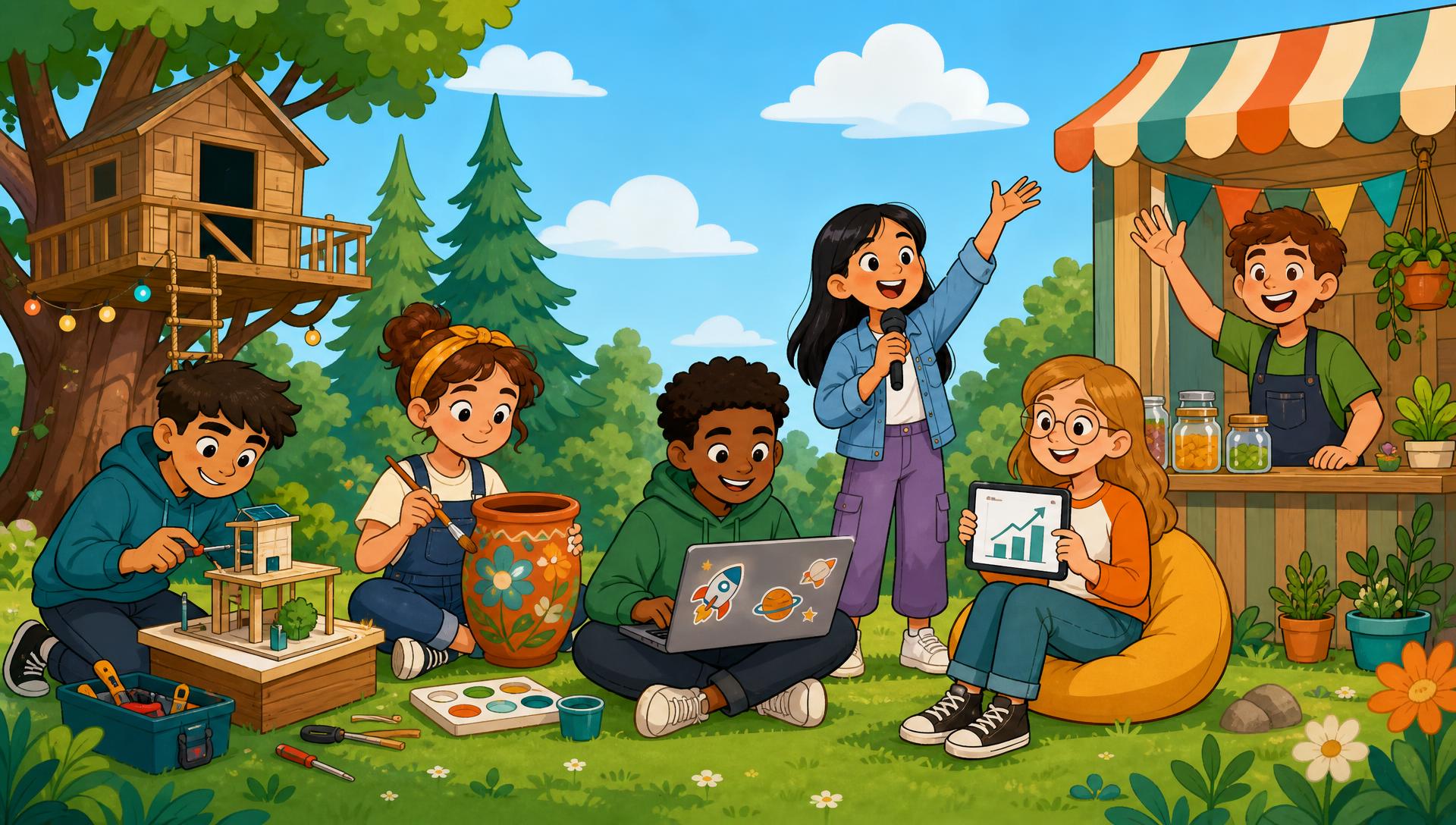 Illustrated group of kids and teens building models, painting, coding, presenting and running a small stall together