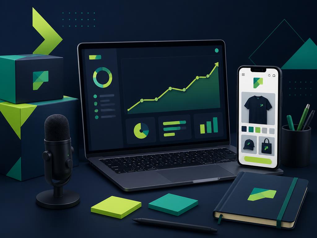 Laptop dashboard, brand packaging and microphone for a teen business